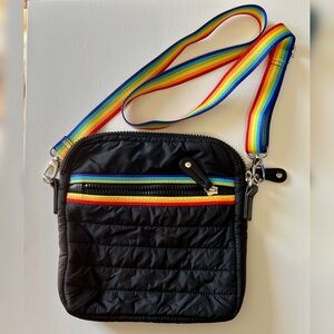 Sondra Roberts Squared black puffer crossbody bag with rainbow straps